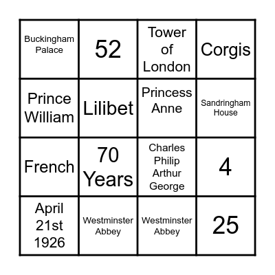 Jubilee Bingo Card