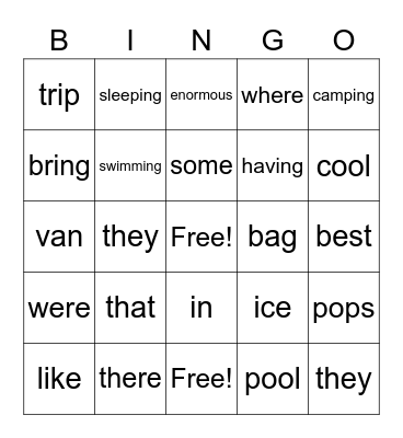 A camping  Trip Bingo Card