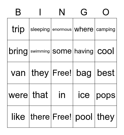 A camping  Trip Bingo Card