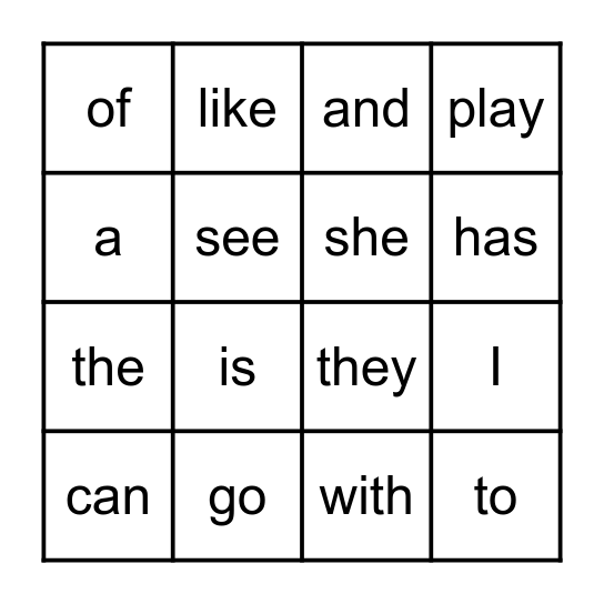 Sight Word Bingo Card