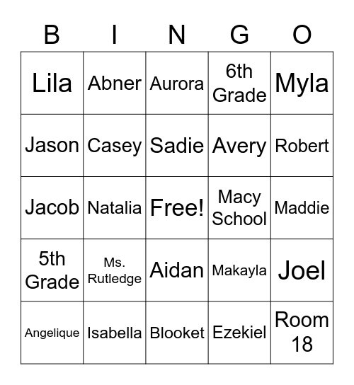 Room 18 Bingo Card