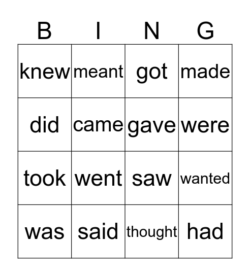 Past Tense Bingo Card