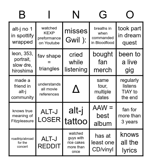 ALT-J FAN Bingo Card
