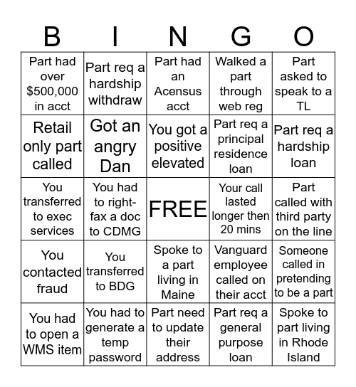 Team Smith BINGO Card