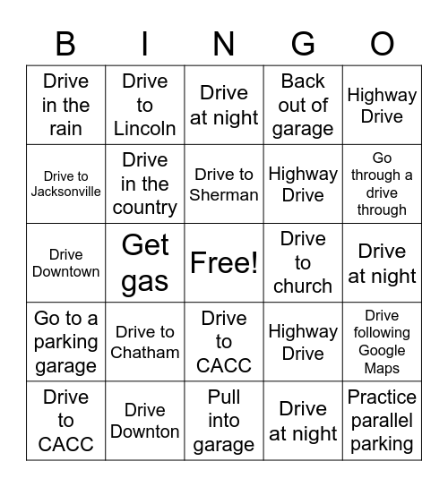Joshua's Driving Bingo Card