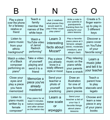 Summer Piano Bingo Card