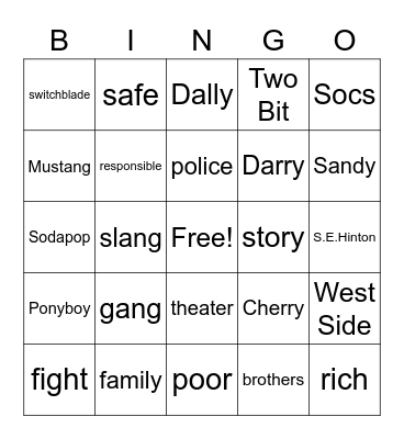 The Outsiders Bingo Card