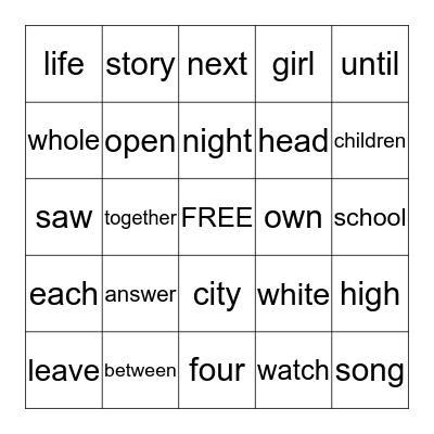 Sight word bingo Card