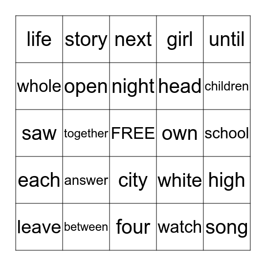 Sight word bingo Card