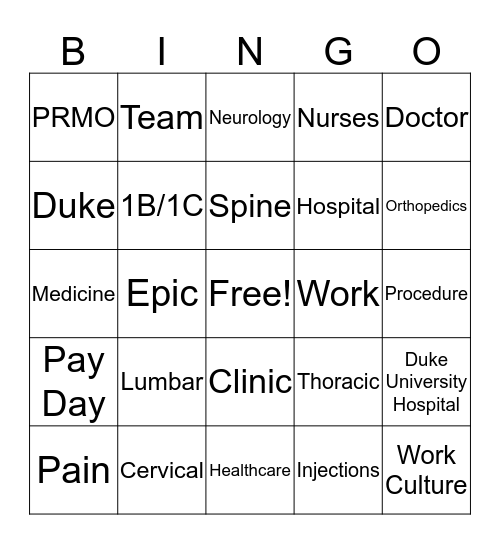 Duke Spine Center Bingo Card