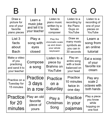 SUMMER 2022 PIANO CHALLENGE Bingo Card