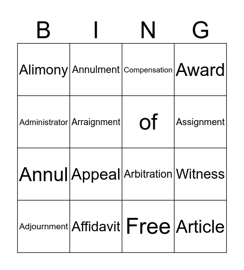 Business Law - A & W Bingo Card