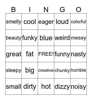 Adjective Bingo Card