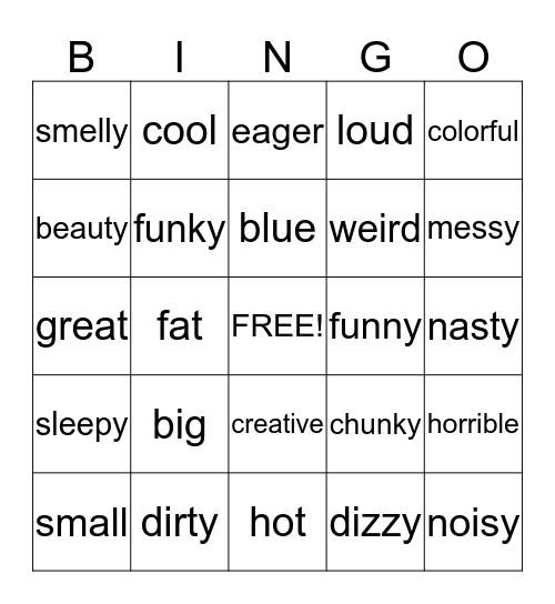 Adjective Bingo Card