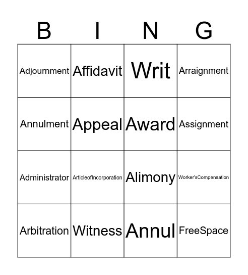 Business Law - A & W Bingo Card