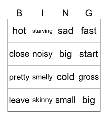 Synonym Bingo Card