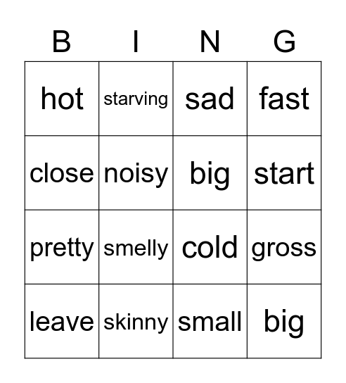 Synonym Bingo Card