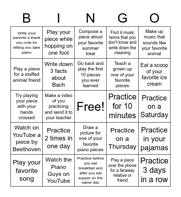 Summer 2022 Piano Challenge Bingo Card