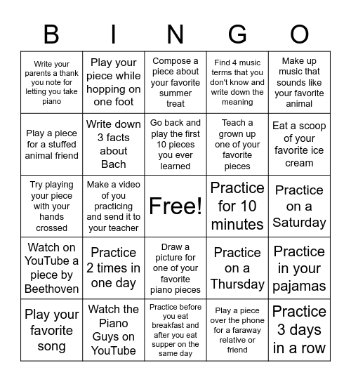 Summer 2022 Piano Challenge Bingo Card