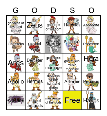 Greek Gods and Goddesses Bingo Card