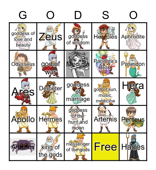 Greek Gods and Goddesses Bingo Card