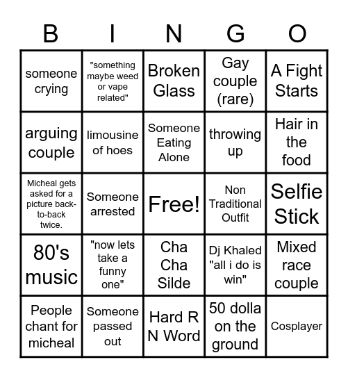 Prom Bingo Card