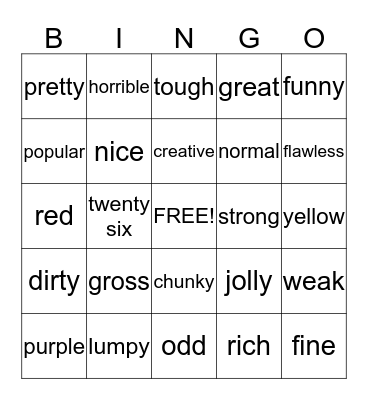 Adjective Bingo Card