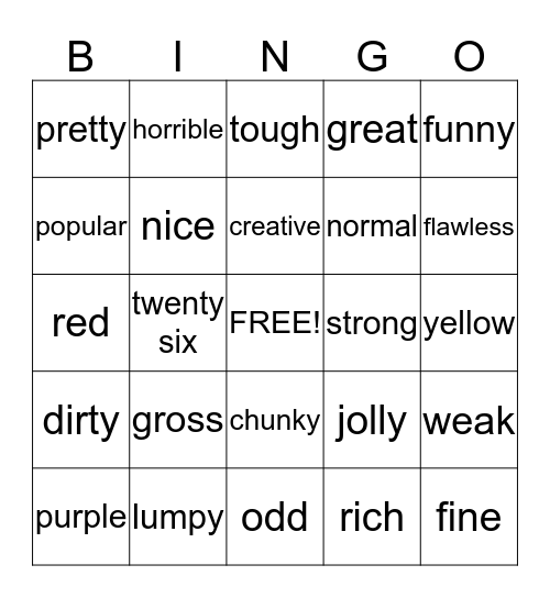 Adjective Bingo Card