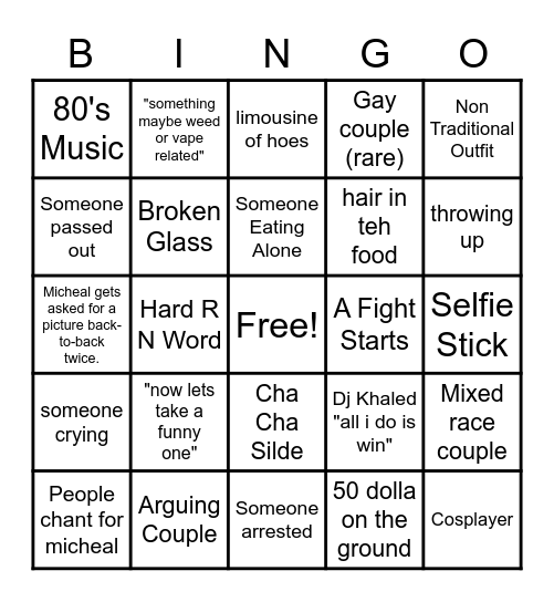 Prom Bingo Card