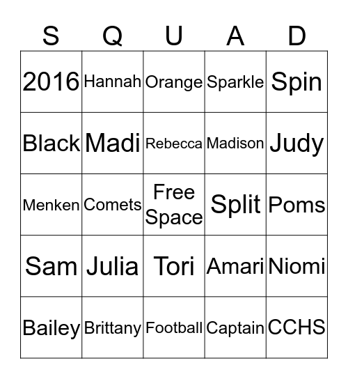Pom Squad Bingo Card