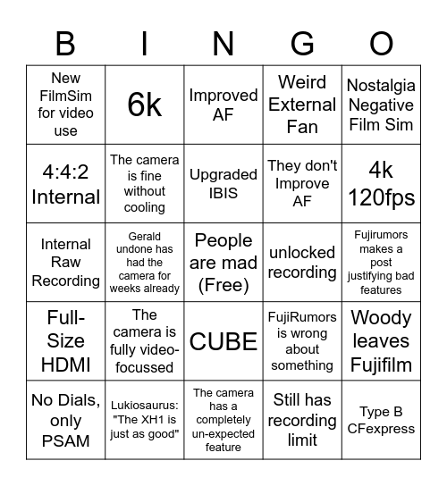 X-H2s Announcement Bingo Card