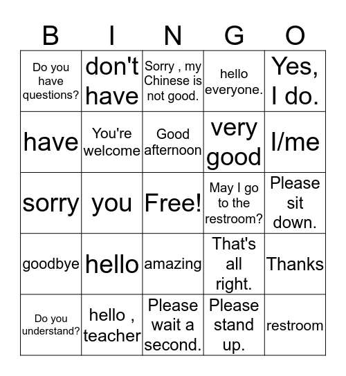 classroom expressions  Bingo Card