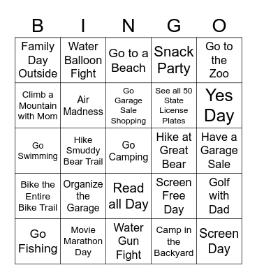 Family Bucket List Bingo Card