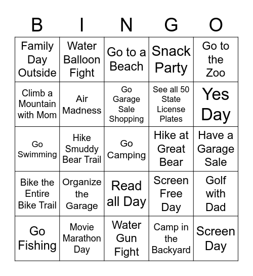 Family Bucket List Bingo Card