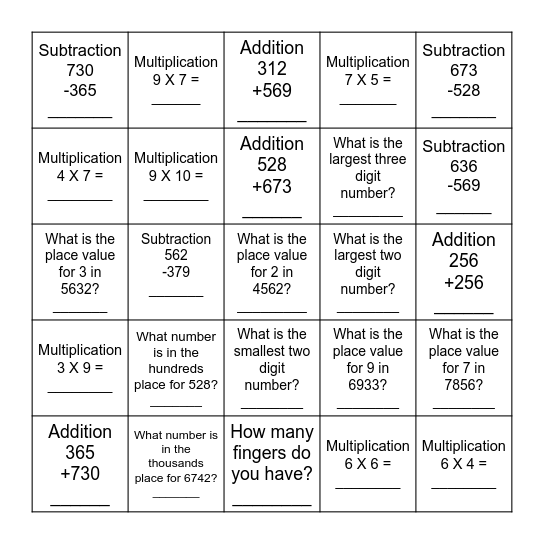 Level 3 Math Review Bingo Card