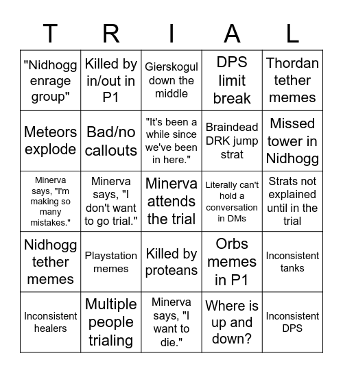 Minerva Trials Bingo Card