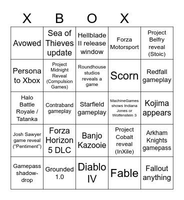 Xbox 2022 Showcase Bingo Card
