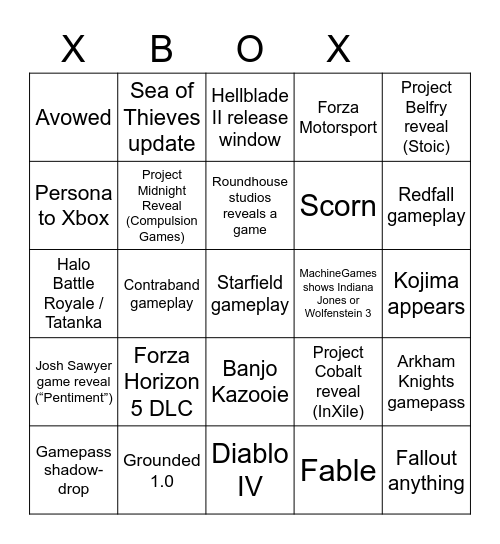 Xbox 2022 Showcase Bingo Card