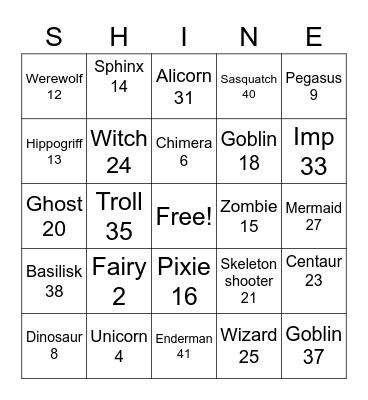Shine mythical creatures Bingo Card