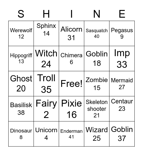 Shine mythical creatures Bingo Card
