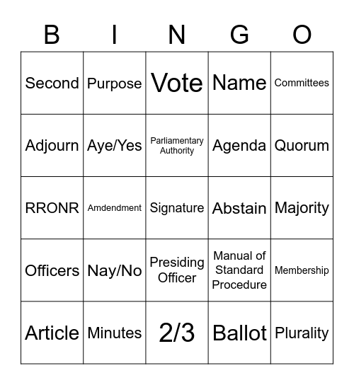 Bylaws and Parliamentary Procedure Bingo Card