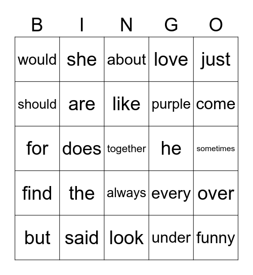 Sight Word Bingo Card