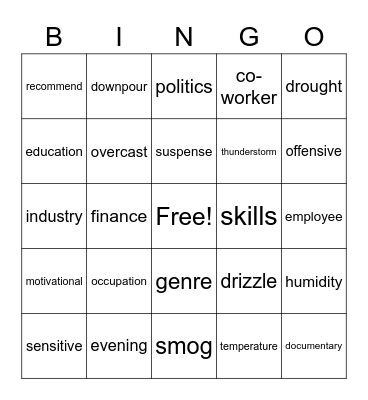 Refresh Your Vocabulary Bingo Card