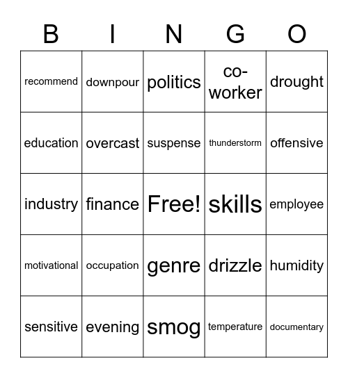 Refresh Your Vocabulary Bingo Card