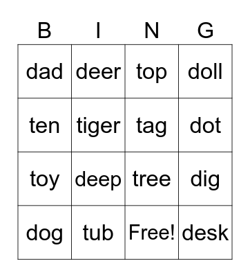 Alphabet D and T Bingo Card