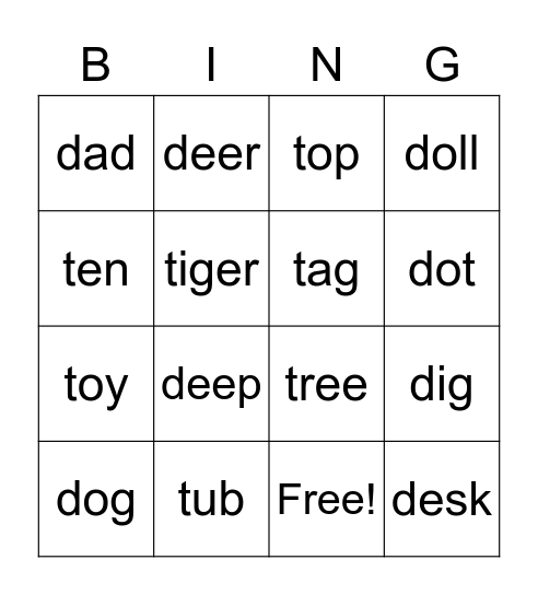 Alphabet D and T Bingo Card