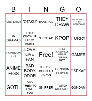 WEEB DATING BINGO Card