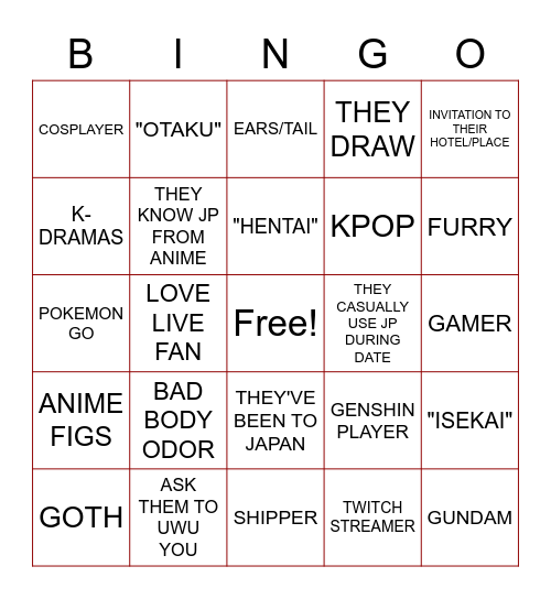 WEEB DATING BINGO Card