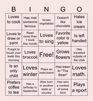 About Me Bingo Card