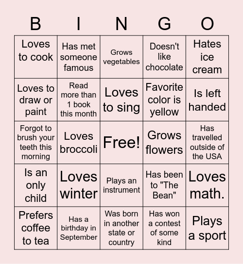 About Me Bingo Card